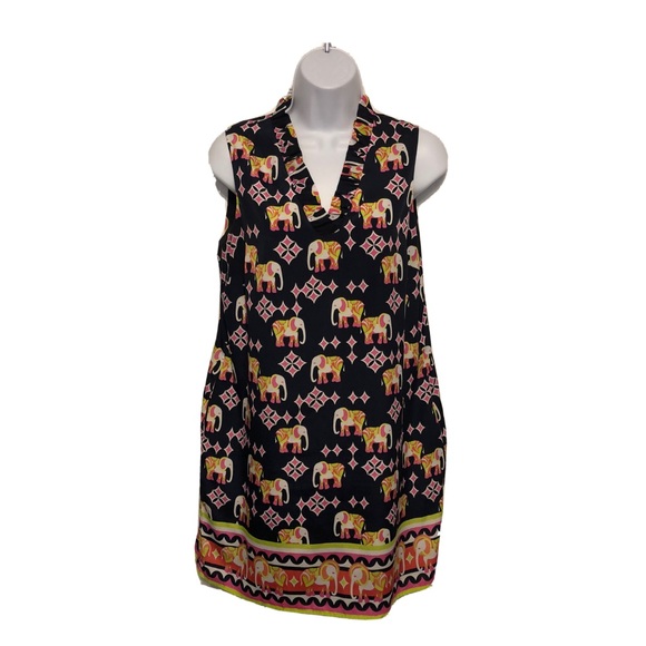 Crown & Ivy Elephant Shift Dress Blue Ruffle Collared Sleeveless V-neckline 6P - Picture 2 of 10